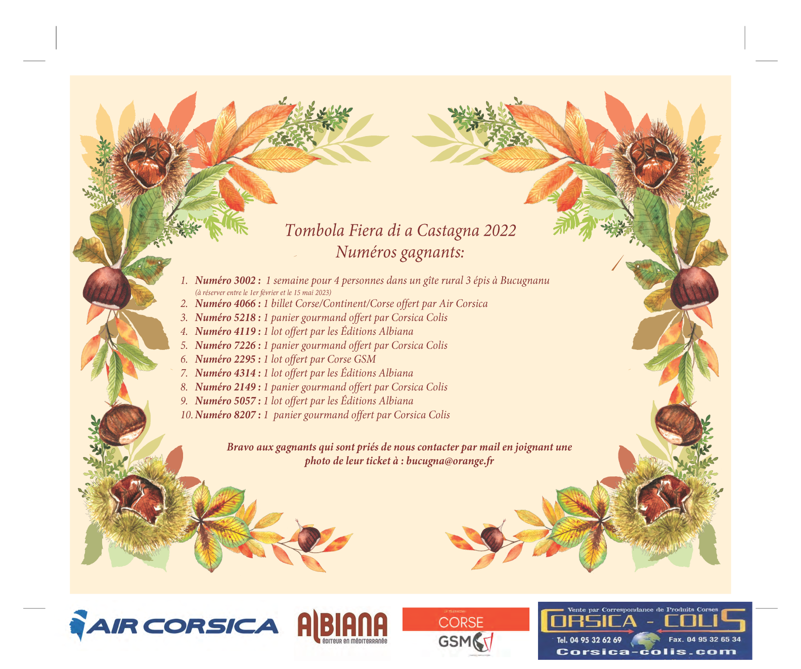 Les numéros gagnants de la tombola Fiera di a Castagna - 40 anni